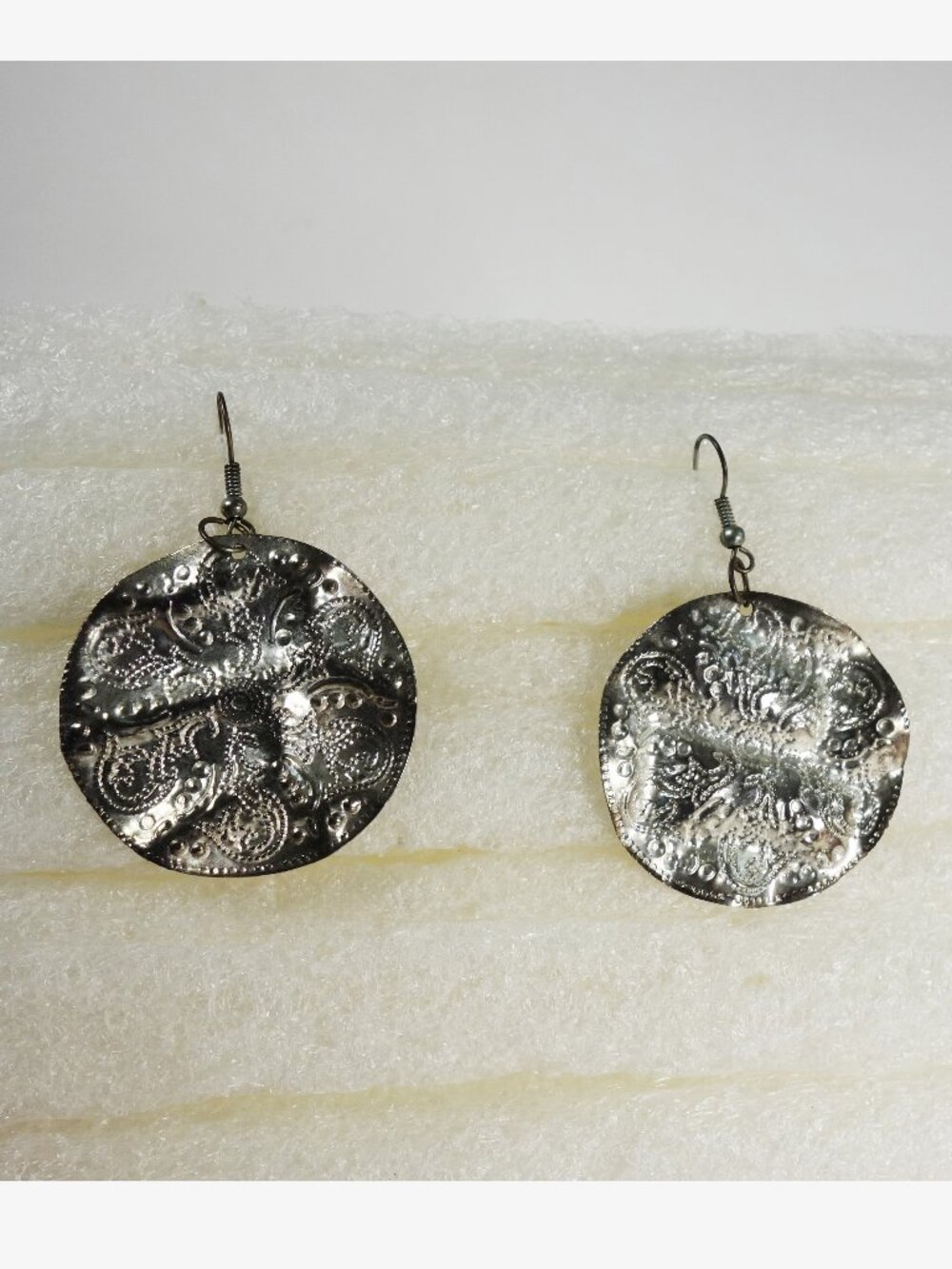 Silver Tone Round Textured Lightweight Earrings Bohemian Vibe